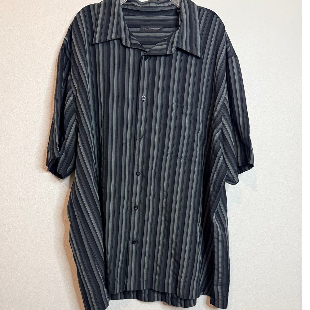 Via Europa Men's XXL Green/Black/Gray Striped Button Front Camp Shirt Y2K